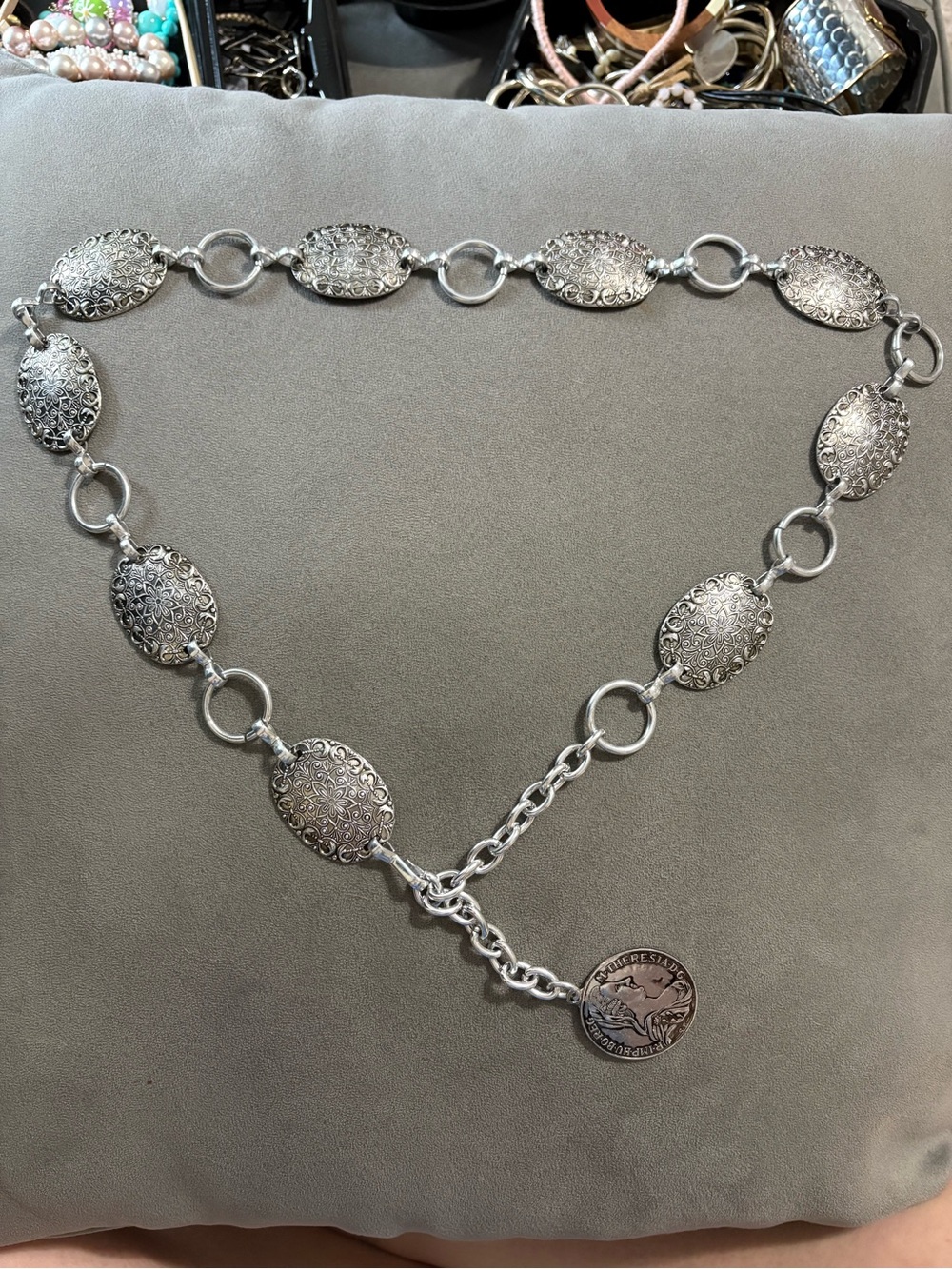 Silver Ornate Concho Chain Statement Belt Metal Lobster Claw Closure 32” - 38”